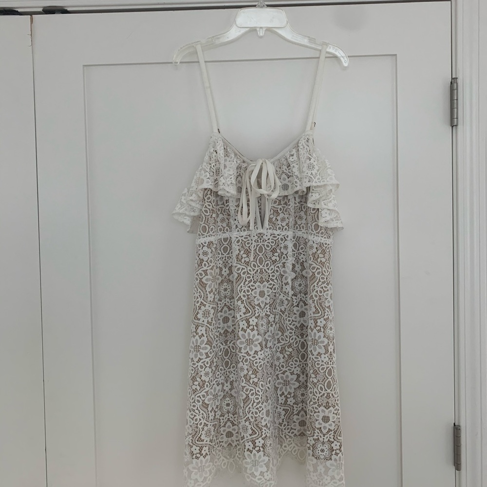 Lace Ruffle Spaghetti-Strap Dress in White